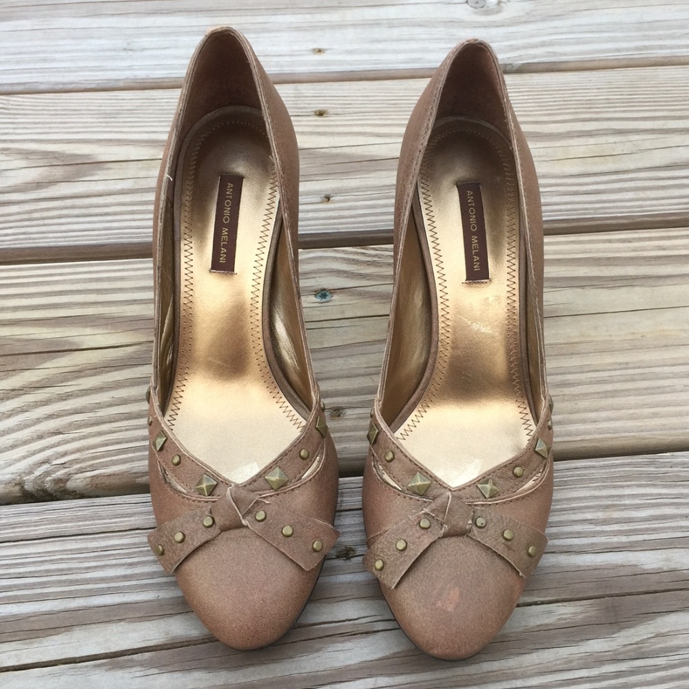 Antonio Melani Studded Brown Genuine Leather Pumps bow detail sz 7.5